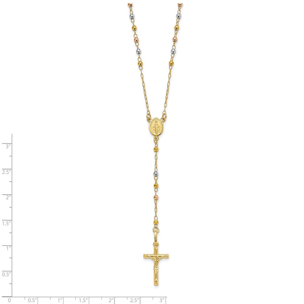 14K Tri-color Polished Crucifix and Miraculous Medal with Faceted Beads Rosary Necklace 24"
