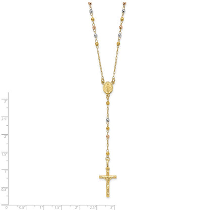 14K Tri-color Polished Crucifix and Miraculous Medal with Faceted Beads Rosary Necklace 24"