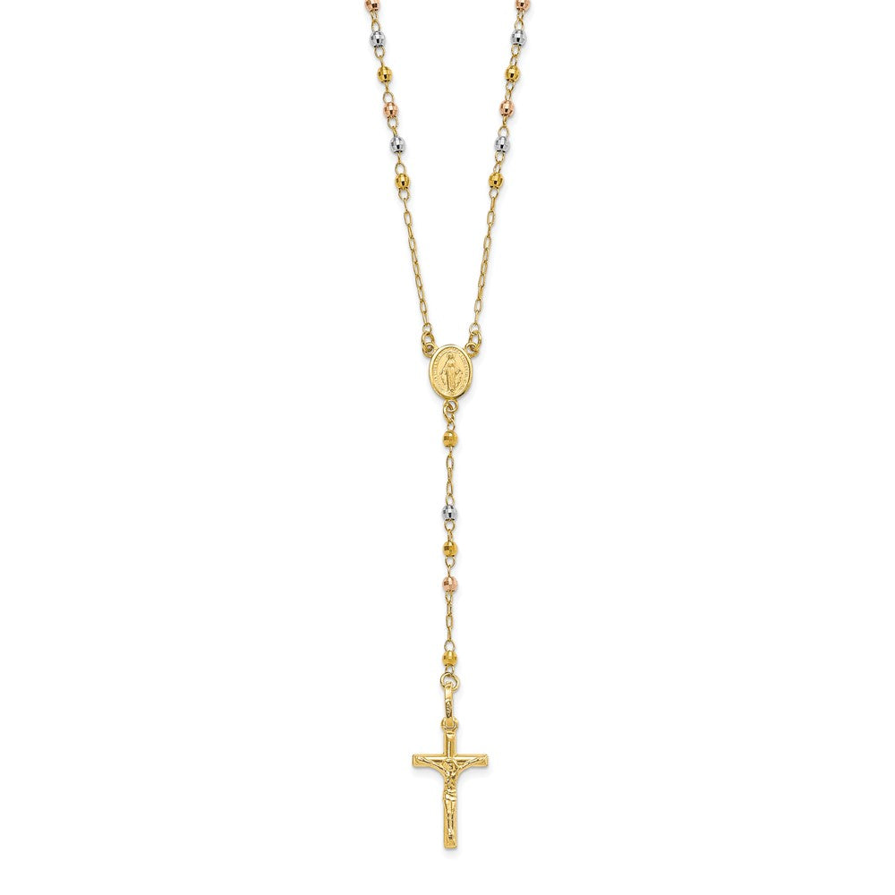 14K Tri-color Polished Crucifix and Miraculous Medal with Faceted Beads Rosary Necklace 24"