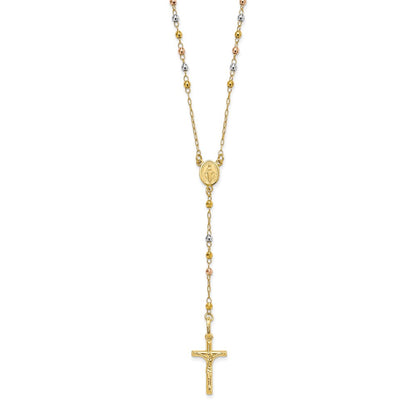 14K Tri-color Polished Crucifix and Miraculous Medal with Faceted Beads Rosary Necklace 24"