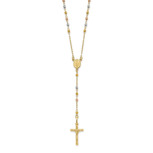 14K Tri-color Polished Crucifix and Miraculous Medal with Faceted Beads Rosary Necklace 24"