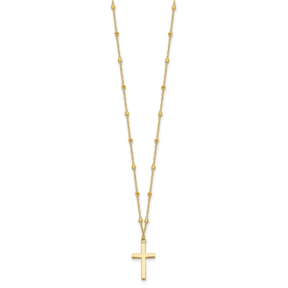 14k Yellow Gold Mirror Beaded Chain with Polished Cross Pendant Necklace 16.25"