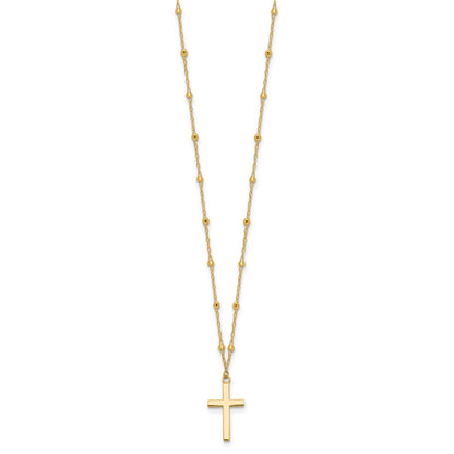 14k Yellow Gold Mirror Beaded Chain with Polished Cross Pendant Necklace 16.25"