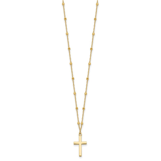14k Yellow Gold Mirror Beaded Chain with Polished Cross Pendant Necklace 16.25"