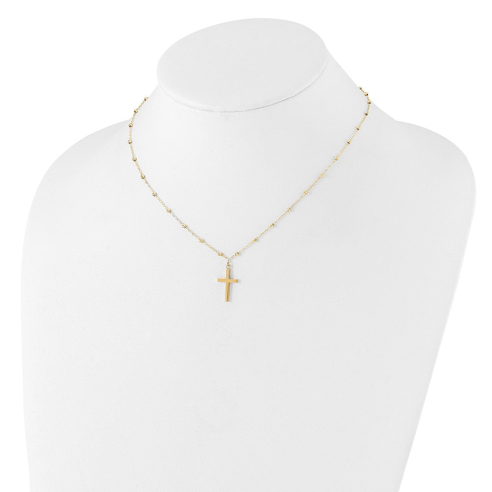 14k Yellow Gold Mirror Beaded Chain with Polished Cross Pendant Necklace 16.25"