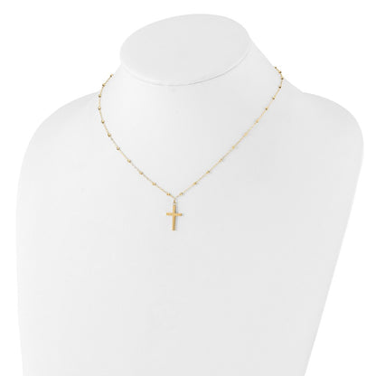 14k Yellow Gold Mirror Beaded Chain with Polished Cross Pendant Necklace 16.25"