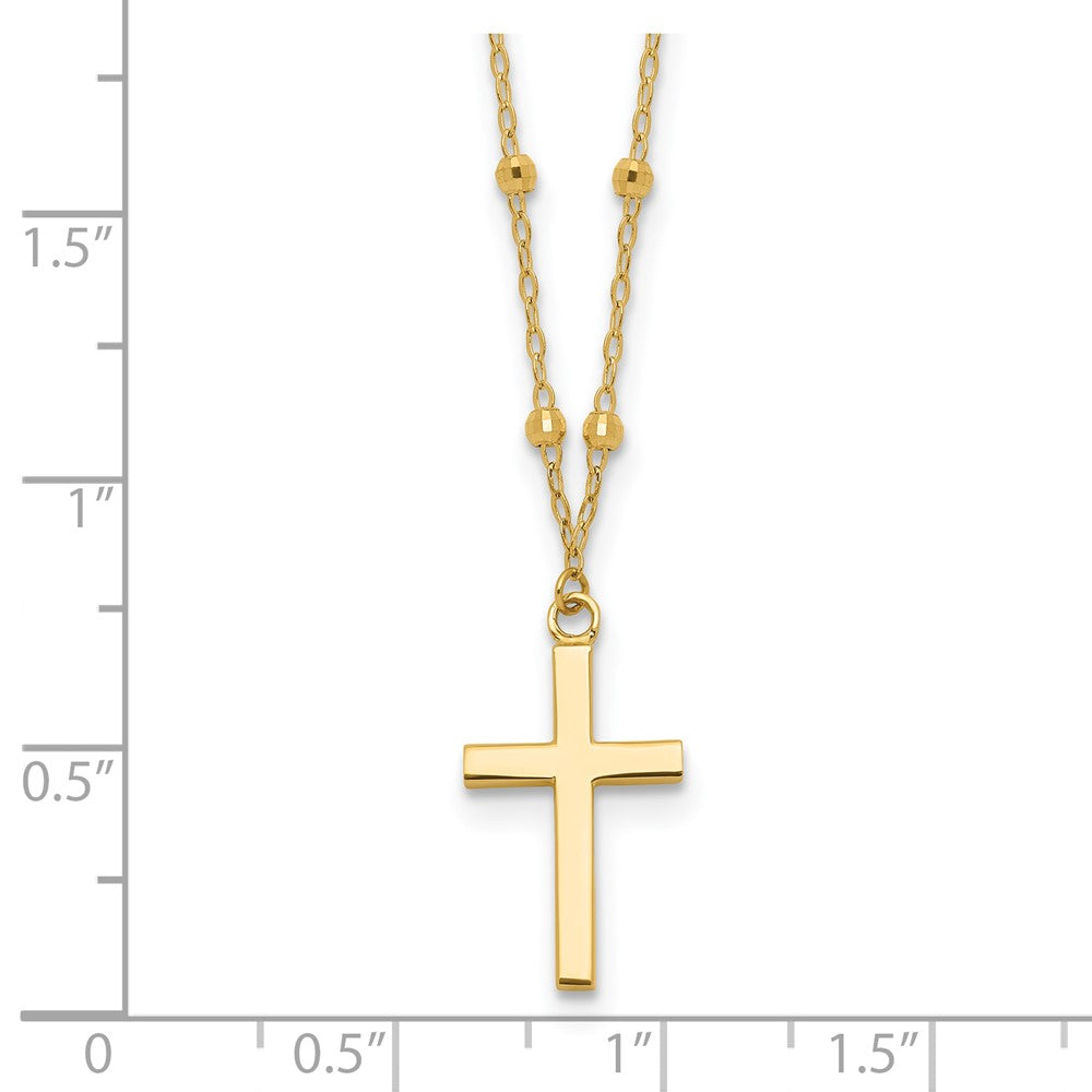 14k Yellow Gold Mirror Beaded Chain with Polished Cross Pendant Necklace 16.25"