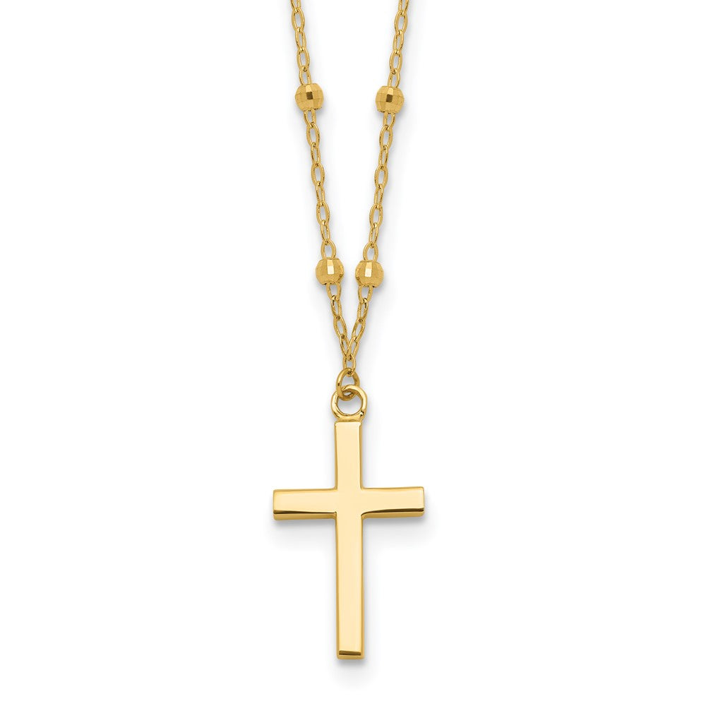 14k Yellow Gold Mirror Beaded Chain with Polished Cross Pendant Necklace 16.25"