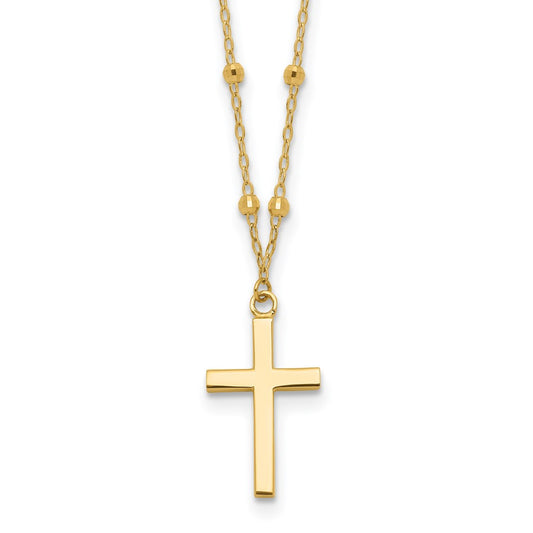 14k Yellow Gold Mirror Beaded Chain with Polished Cross Pendant Necklace 16.25"
