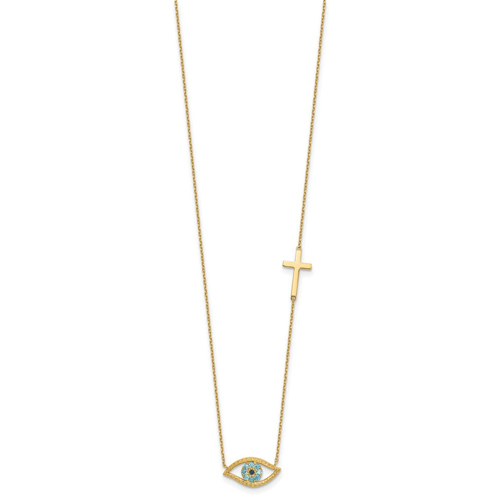 14k Yellow Gold Polished Blue Cubic Zirconia Evil Eye and Cross Necklace 18"