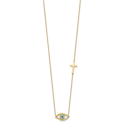 14k Yellow Gold Polished Blue Cubic Zirconia Evil Eye and Cross Necklace 18"