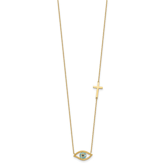 14k Yellow Gold Polished Blue Cubic Zirconia Evil Eye and Cross Necklace 18"