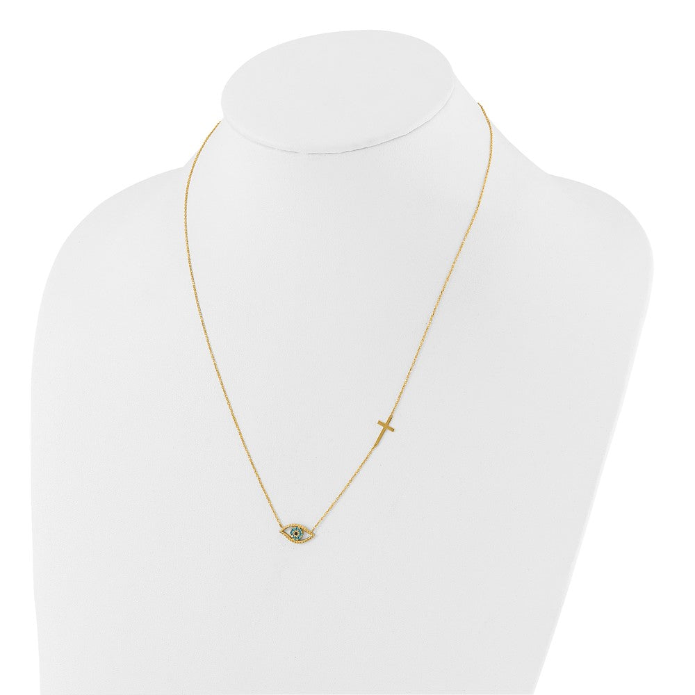 14k Yellow Gold Polished Blue Cubic Zirconia Evil Eye and Cross Necklace 18"