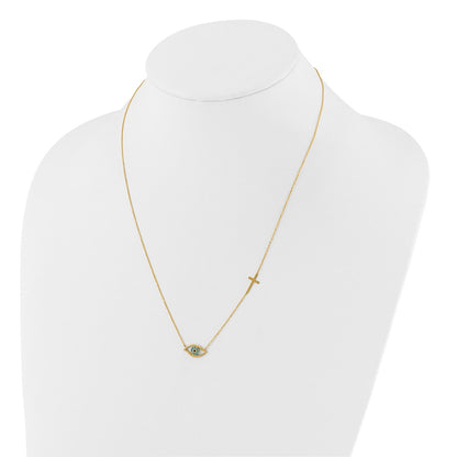 14k Yellow Gold Polished Blue Cubic Zirconia Evil Eye and Cross Necklace 18"