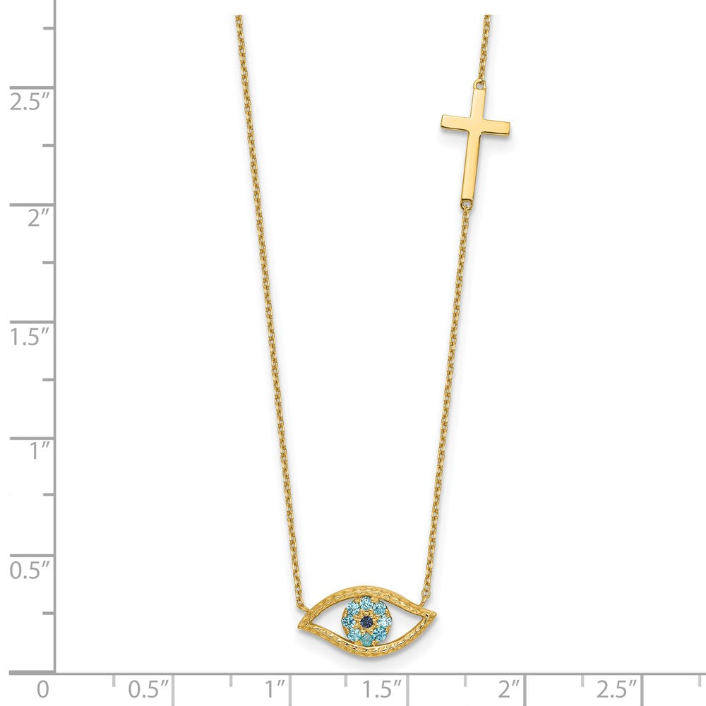 14k Yellow Gold Polished Blue Cubic Zirconia Evil Eye and Cross Necklace 18"