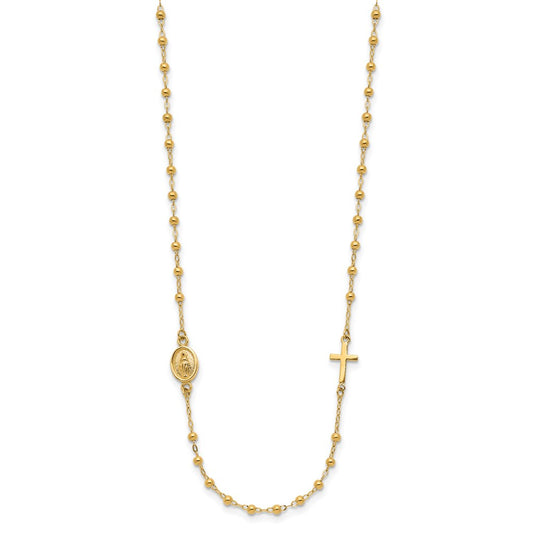 14k Yellow Gold Polished Miraculous Medal and Cross Beaded Rosary Design Necklace 16.5"
