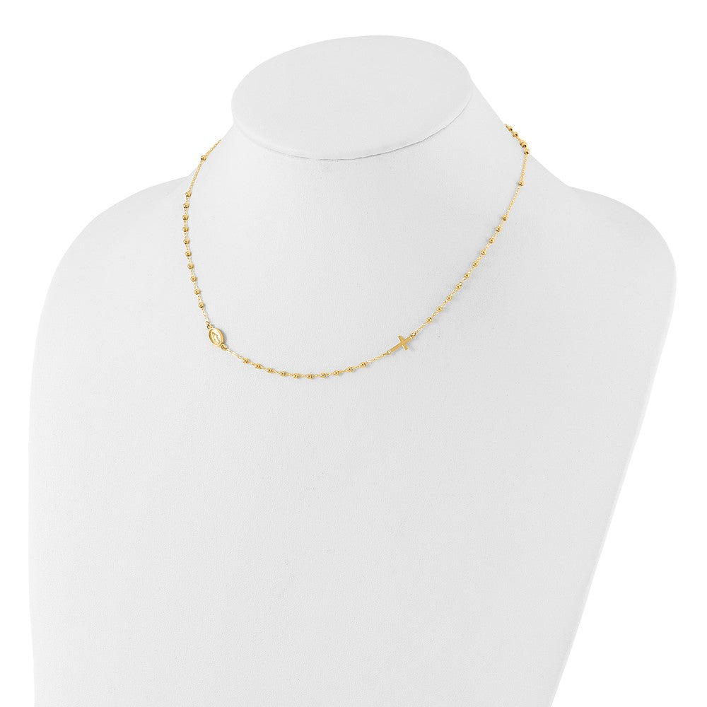 14k Yellow Gold Polished Miraculous Medal and Cross Beaded Rosary Design Necklace 16.5"