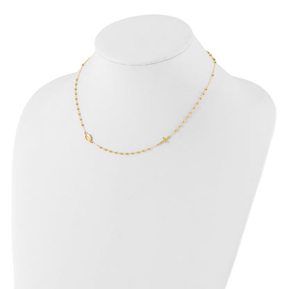 14k Yellow Gold Polished Miraculous Medal and Cross Beaded Rosary Design Necklace 16.5"
