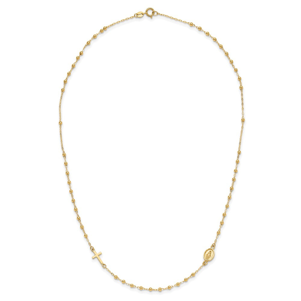 14k Yellow Gold Polished Miraculous Medal and Cross Beaded Rosary Design Necklace 16.5"
