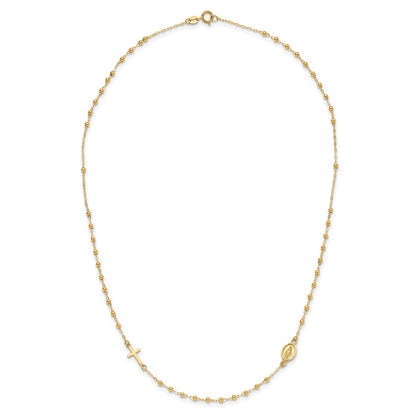 14k Yellow Gold Polished Miraculous Medal and Cross Beaded Rosary Design Necklace 16.5"