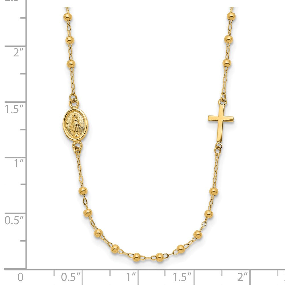 14k Yellow Gold Polished Miraculous Medal and Cross Beaded Rosary Design Necklace 16.5"