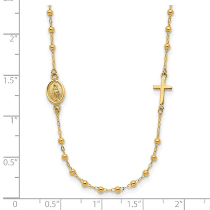 14k Yellow Gold Polished Miraculous Medal and Cross Beaded Rosary Design Necklace 16.5"