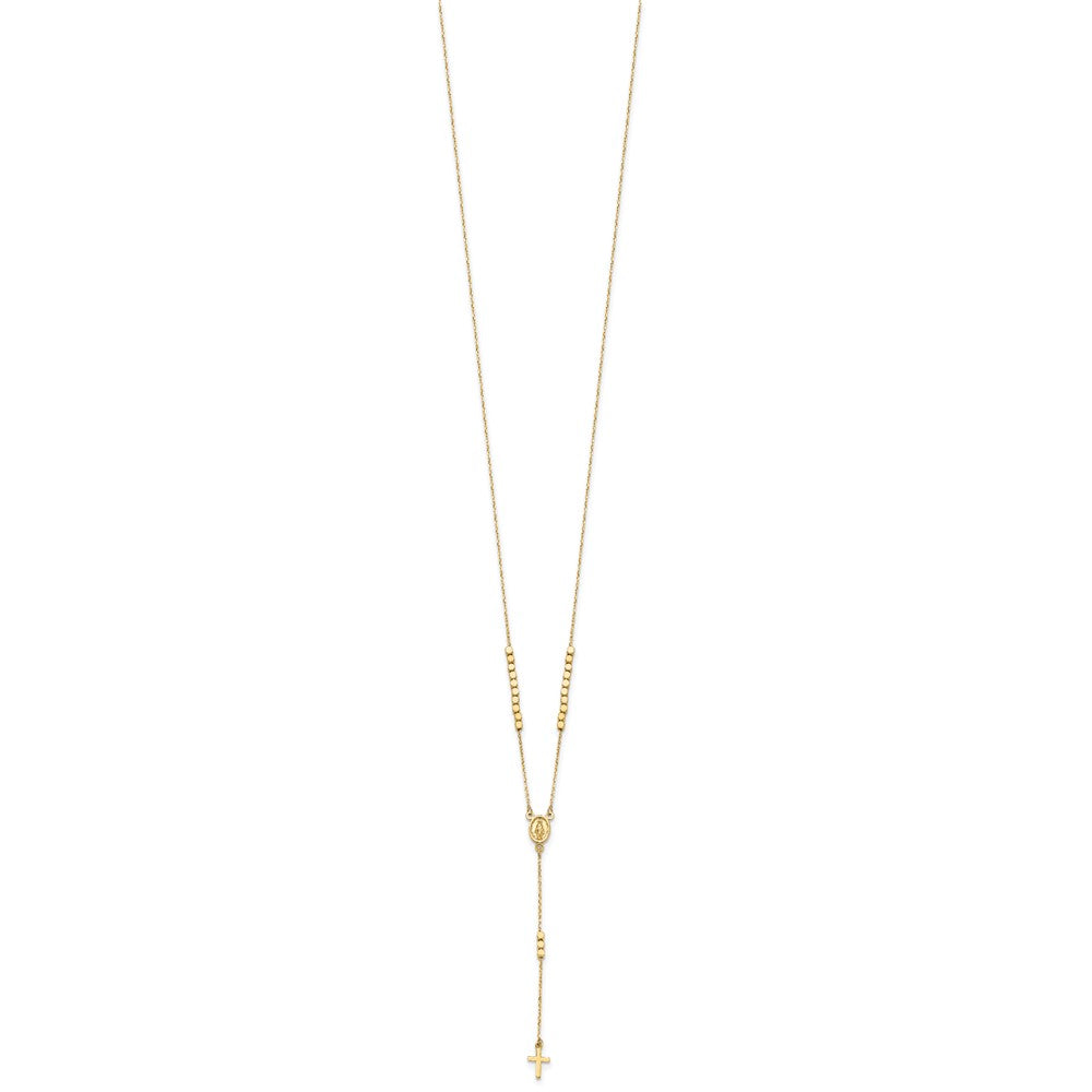 14k Yellow Gold Polished Miraculous Medal and Cross Rosary Design Y-Drop Necklace 17.75"