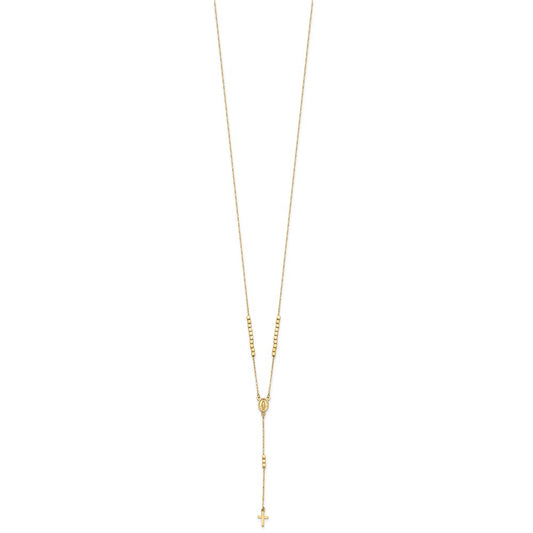 14k Yellow Gold Polished Miraculous Medal and Cross Rosary Design Y-Drop Necklace 17.75"