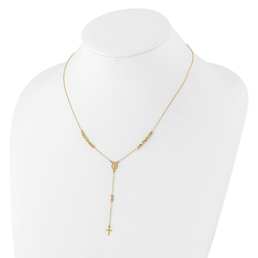 14k Yellow Gold Polished Miraculous Medal and Cross Rosary Design Y-Drop Necklace 17.75"