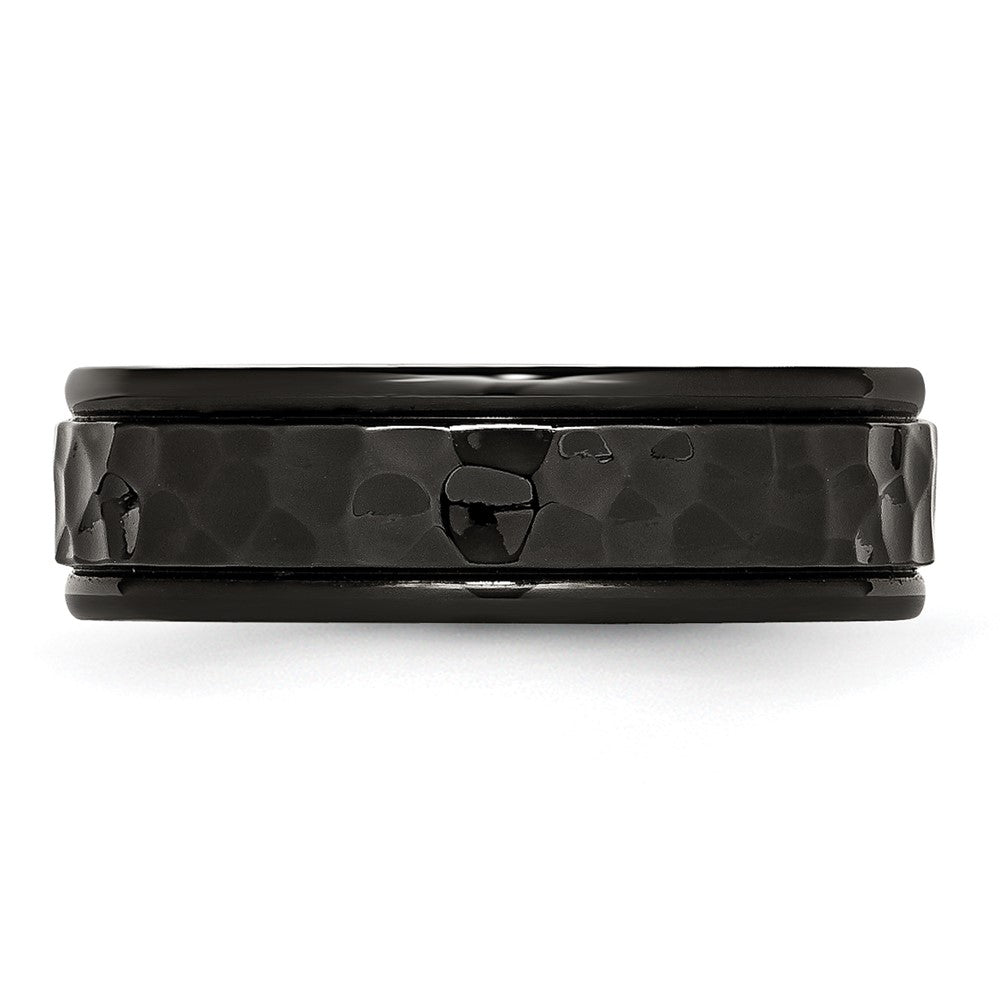 Stainless Steel Polished and Hammered Black IP-plated 7mm Band Ring