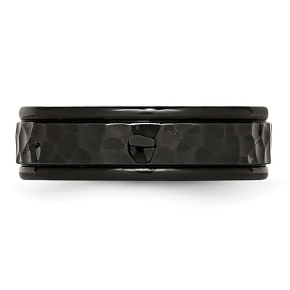 Stainless Steel Polished and Hammered Black IP-plated 7mm Band Ring