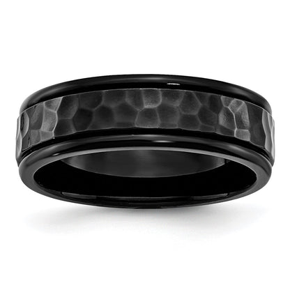 Stainless Steel Polished and Hammered Black IP-plated 7mm Band Ring