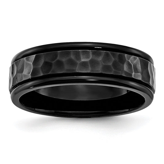 Stainless Steel Polished and Hammered Black IP-plated 7mm Band Ring