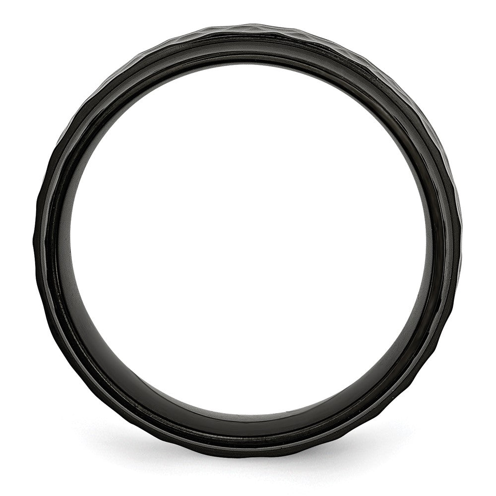 Stainless Steel Polished and Hammered Black IP-plated 8mm Beveled Edge Band Ring