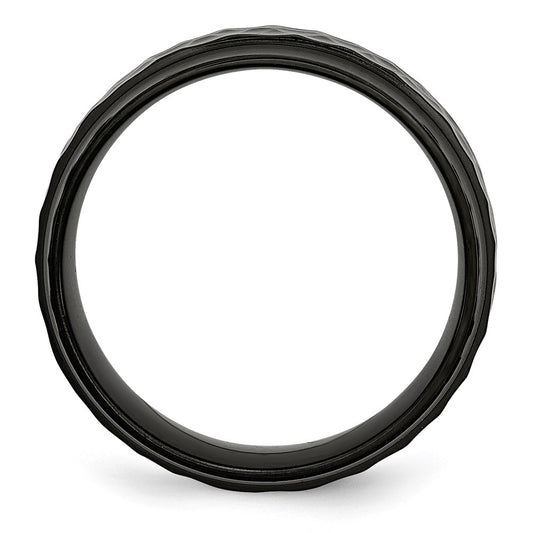 Stainless Steel Polished and Hammered Black IP-plated 8mm Beveled Edge Band Ring
