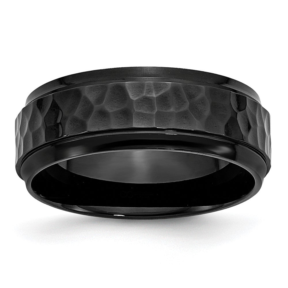 Stainless Steel Polished and Hammered Black IP-plated 8mm Beveled Edge Band Ring