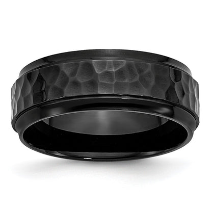 Stainless Steel Polished and Hammered Black IP-plated 8mm Beveled Edge Band Ring