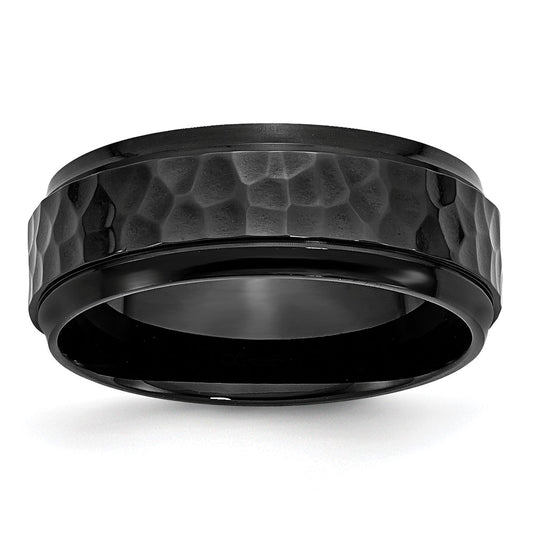 Stainless Steel Polished and Hammered Black IP-plated 8mm Beveled Edge Band Ring