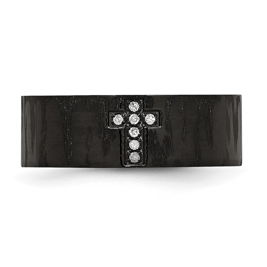 Stainless Steel Polished and Matte Black IP-plated 1/20 Carat Diamond Cross Band Ring