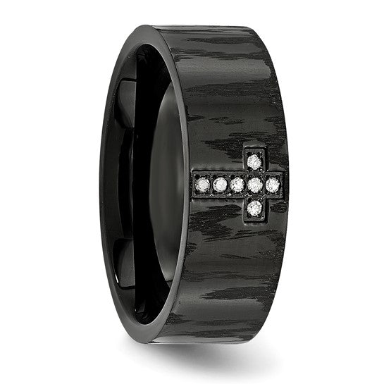 Stainless Steel Polished and Matte Black IP-plated 1/20 Carat Diamond Cross Band Ring