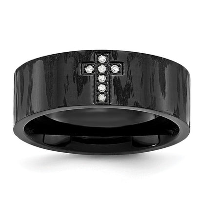 Stainless Steel Polished and Matte Black IP-plated 1/20 Carat Diamond Cross Band Ring