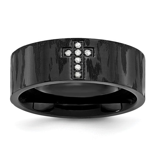 Stainless Steel Polished and Matte Black IP-plated 1/20 Carat Diamond Cross Band Ring