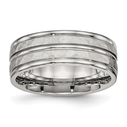 Stainless Steel Polished and Hammered 8mm Grooved Band Ring