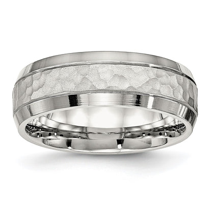 Stainless Steel Brushed Polished and Hammered 7.5mm Band Ring