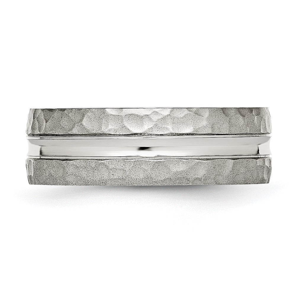 Stainless Steel Polished and Hammered 7.5mm Grooved Band Ring
