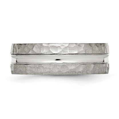 Stainless Steel Polished and Hammered 7.5mm Grooved Band Ring