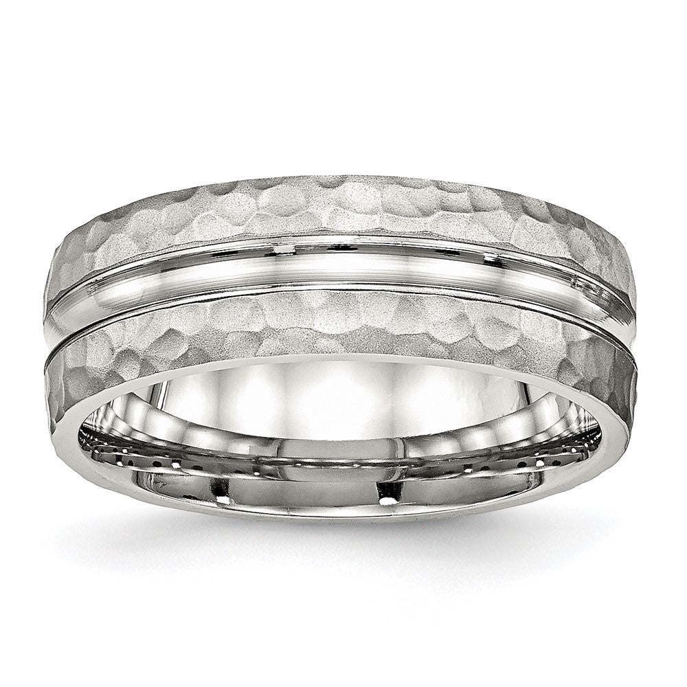 Stainless Steel Polished and Hammered 7.5mm Grooved Band Ring