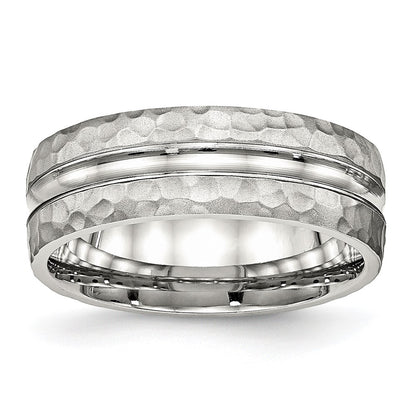 Stainless Steel Polished and Hammered 7.5mm Grooved Band Ring