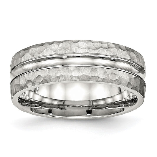 Stainless Steel Polished and Hammered 7.5mm Grooved Band Ring