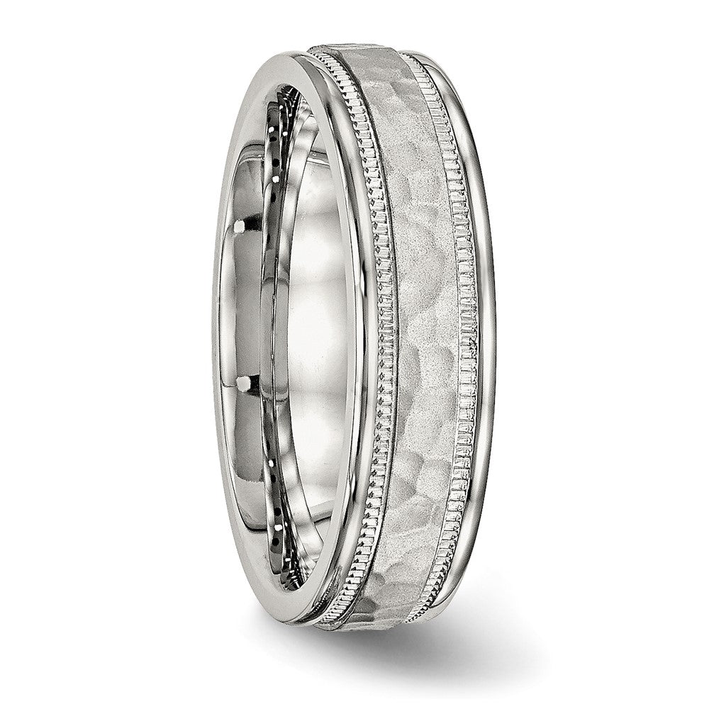 Stainless Steel Polished and Hammered 6mm Grooved Band Ring